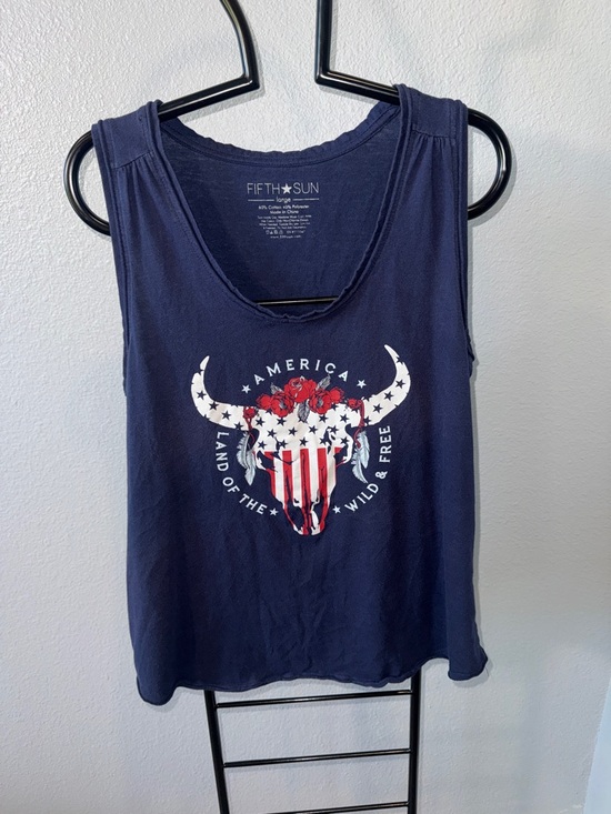 Fifth Sun Tops - Fifth Sun Navy Tank Top with Red, White and Blue Bull Skull Graphic